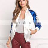 MGOO Fashion Foshan Manufacturer Custom Satin Baseball Jackets For Women White And Blue Block Bomber Jackets thumbnail-2