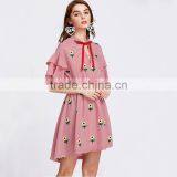 RED Flower Embroiedered and Ruffled Shoulder Women Cute Short Dress thumbnail-4