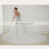 EBL-2828 A Scoope Beading Top Lace Applique 3/4 Sleeve Low V-back Satin Sash Tulle Long Train Graceful Bridal Ball Dress thumbnail-2
