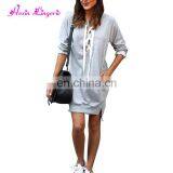 High Quality Gray Hollow v Neck Long Sleeves European Long Sleeve Casual Autumn Dress thumbnail-1