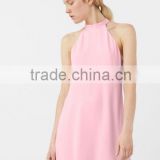 2016 Latest design Halter Neck backless Pink bridesmaid dress , One piece simple Party dress
