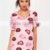 Custom Full Print Women Oversizes V Neck Pink Lip Print Nightshirt Roll Sleeve Causal Loose Sleepwear thumbnail-3