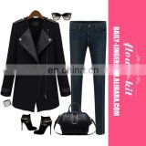 Stylish Lapel Collar Coat Black Zipper Fastening Women Long Sleeves Trench Outerwear