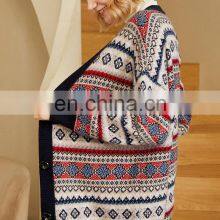 Women Plus Size V Neck Jacquard Cashmere Wool Cardigan Printed Sweater thumbnail-4