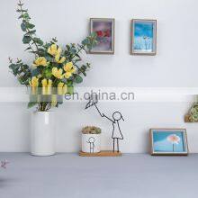 Modern Decorative Flower White Ceramic Pot Metal With Bamboo Tray Cute Frame For Home Decor thumbnail-4