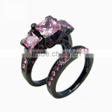 Luxury Three Gem Stone Pink Color Couple Lovers Ring Solid Bronze Main Material Gun Black Filed Rings For Wedding