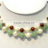 2 Rows7-8mm White Pearls & Red Agate & Jade Design Necklace thumbnail-1