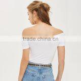 Drawstring Eyelet Ribbed Top Bardot Neckline off Shoulder Bodysuit thumbnail-2