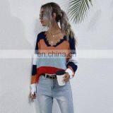 Women Autumn Fashion Thin V-neck Striped Pullover Sweater thumbnail-2