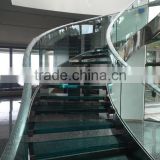 stainless steel structure curved stairs with laminated glass tread and frameless glass railing