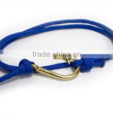gold metal fish hook buckle with nautical blue rope bracelet with adjustable diamond knots bracelet