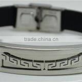 Simple Fashion Smooth Stainless Steel Bracelets Black Leather Wrist Bands Metal Buckle Weld Arc Shape Chinese Pattern Bracelets thumbnail-1