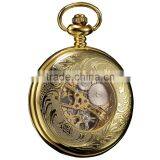Skeleton Steampunk Transparent Half Hunter Roman Dial Gold Mechanical Pocket Watch thumbnail-4