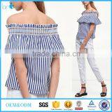 Ladies Smocking Elastic off Shoulder Striped Blouses With Frills Casual Tops thumbnail-1
