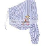 2017 Latest Design Embroidried Cotton Stripe One Side Shoulder Sexy Top for Clothing Women thumbnail-6