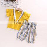 Summer Child Clothes Set Girls Clothing Flying Sleeves Round Neck t Shirt Baby Striped Wide Leg Pants Two Piece thumbnail-2