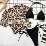 Women Brazilian 3pcs-set Sexy Print Micro Bottom String Beach Bikini Lady Half Sleeve Swimwear Mujer High Waist Padded Swimsuit thumbnail-5