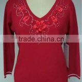 ASM-210181 Ladies V-neck Pullover With Beading and Flowers on Neck thumbnail-1