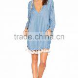 New Design Women Long Sleeve V Neck Casual Dress Vintage Denim Dress thumbnail-1