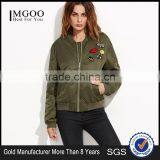 Olive Green Patch Bomber Jacket Wholesale Custom 100% Polyester Lovely Pins Ribbed Trim Satin Winter Jacket thumbnail-1