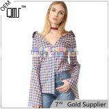 OEM Fashion Strapeless Neckline Horn Cuff Plaid Women Blouse thumbnail-1