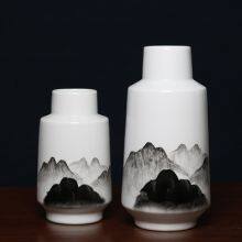 New Chinese Modern Ink Wash Painting Hand Made White Ceramic Flower Vase For TV Bench thumbnail-1