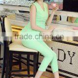 New Summer V Neck Green Color Ruffled Top With Slim Fitted Top and Pants Suit Fashion Matching Set thumbnail-3