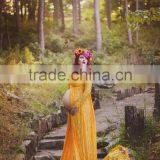 Gold Split Lace Off Shoulder Long Sleeves Maternity Gown Dress Pregnant Woman Mustard Lace Maxi Dress thumbnail-1