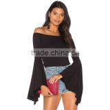 100% Rayon Solid Color Black Bell Sleeve off Shoulder Bardot Top thumbnail-2