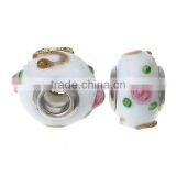 Lampwork Glass European Style Large Hole Beads Round White Pink Flower Golden " S " With 304 Stainless Steel Silver Tone Core thumbnail-3