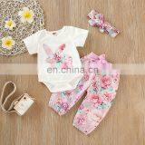 Easter Day 2019 Short Sleeved Kids Clothes Girls Children Clothing Sets Bunny White Romper & Flower Pants & Headband 3PCS Set thumbnail-2