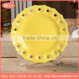 stoneware plate yellow hollow porcelain round shallow plate ,hotel and ceramic restaurant dinner plate accept custom design