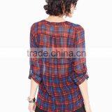 Women's Basic Classic Lightweight Collar Plaid Chiffon Shirt thumbnail-4