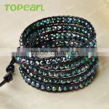 Topearl Jewelry 3pcs Iridescent Colors Crystal 5 Wrap Fashion Bracelet on Black Leather CLL53 thumbnail-2