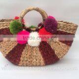 High quality best selling natural water hyancinth shopping bag With pompoms from vietnam