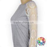 2017 Wholesale Women Lace Sleeve Grey Cotton Shirt thumbnail-2