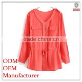 Women's full folded sleeve v neck ruched back yoke red color blouses for fat