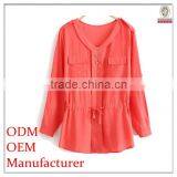 Women's Full Folded Sleeve v Neck Ruched Back Yoke Red Color Blouses for Fat thumbnail-1