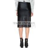 MGOO New Arrival OEM Services Women Black Faux Leather Midi Slinky Skirts With Tassels Bottom 15145A033 thumbnail-4