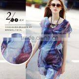 2016 Hotsale Ruffles Women Short-sleeve Loose Slim Chiffon Long Blouse Shirts Tops With DIY Printing thumbnail-3