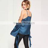 Stylish Sweet Girl Blouses Cold Shoulder Long Sleeve Satin Tops thumbnail-2