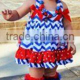 2016 New Summer Dresses Bowknots Baby Girl Chevron Ruffle Dres Cotton 4th of July Party Dress