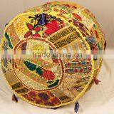 Indian Ethnic Vintage Footstool Furniture Patchwork Bohemian Round Cotton Chair Pouffe Pouf Ottoman thumbnail-3