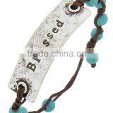 Burnished Silver Tone Turquoise Stone Brown Cord Metal Religious Blessed Bracelet