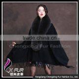 CX-B-P-18E New Style Fox Fur Trim Black Shawl thumbnail-2