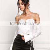 MGOO Manufacturer Custom Soft Satin Blouses Young Girl Sexy Crop Tops Off White Cold Shoulder Shirts thumbnail-3