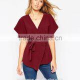 Wholesale Wide-cut Cuffs Wrap Design Lady Blouse,fashion Belted Blouse 2016 thumbnail-2