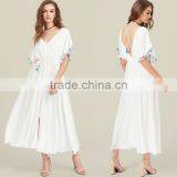 Designer Tassel Trim Boho Dress, Women White Deep V-neck Maxi Dress thumbnail-5