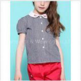 Girls' check pattern short sleeve shirt with flower embroidery