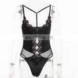 Patchwork Spaghetti Strap Fashion Fancy Adult V Neck Sexy Women Ladies Thong Body Suits Tops Black Mesh Lace Lingerie Bodysuit thumbnail-2